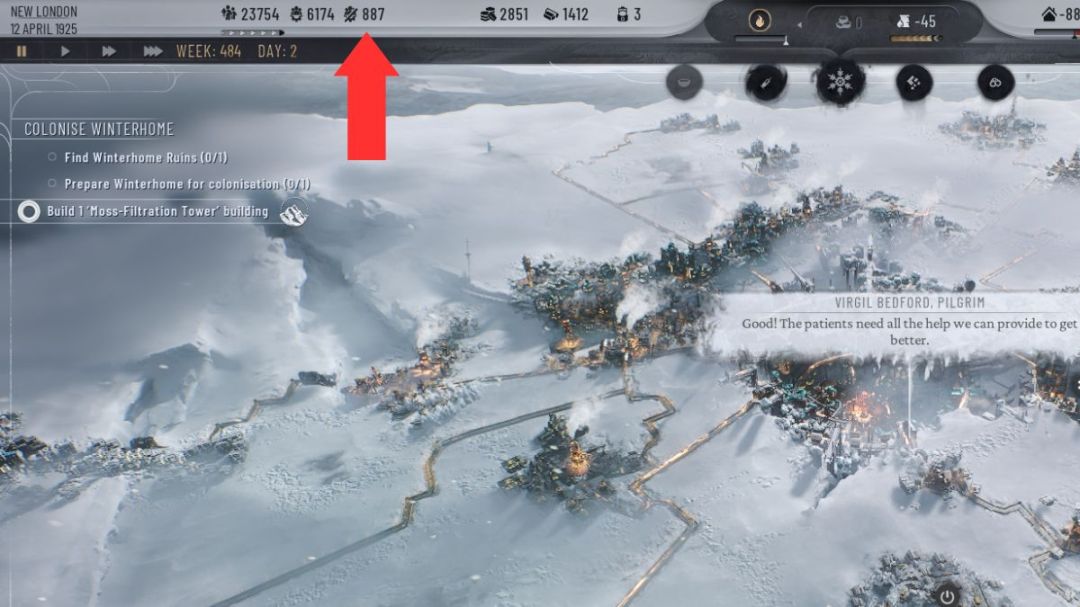 Una flecha resalta la cantidad de personas enfermas en una ciudad en la interfaz de usuario antes de implementar medidas para reducir las enfermedades en Frostpunk 2.