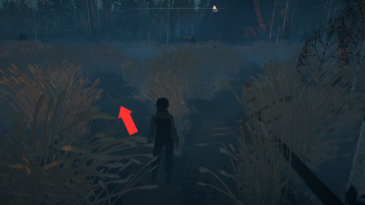 A fork in the road, with the left path that leads to a chest near the Witches hut in Reka highlighted by an arrow.