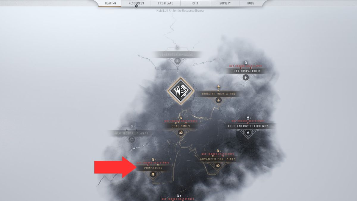 Una flecha resalta la ubicación de los Pumpjacks para la extracción de petróleo en la pantalla de investigación durante el capítulo 1 de Frostpunk 2.