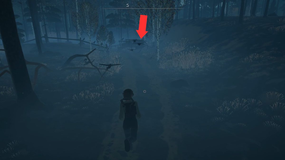 An arrow showing the location of a chest on the path away from Kopnik in Reka.