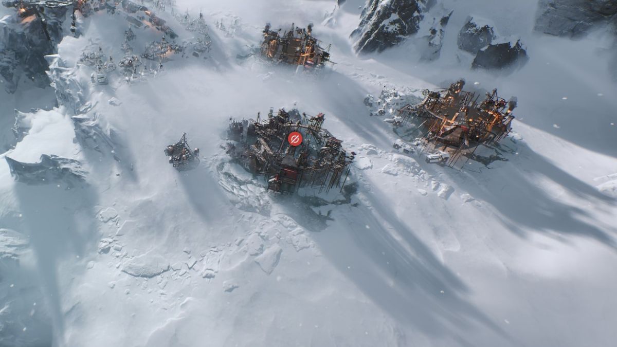 Un distrito de extracción se ha quedado sin materiales y ahora muestra el ícono de materiales agotados encima en Frostpunk 2 durante la misión Prólogo.