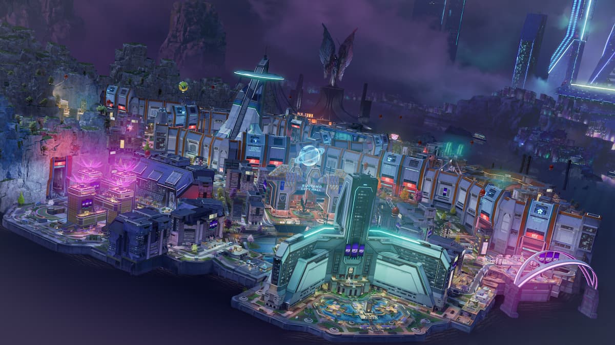 An aerial view of the futuristic city map E-District from Apex Legends Season 22, showcasing vibrant buildings, neon lights, and strategic points of interest.
