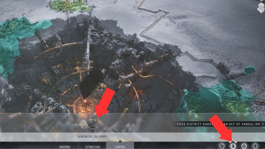 Las flechas muestran la ubicación de la bomba de aceite, una parte fundamental para superar el capítulo 2 de Frostpunk 2.