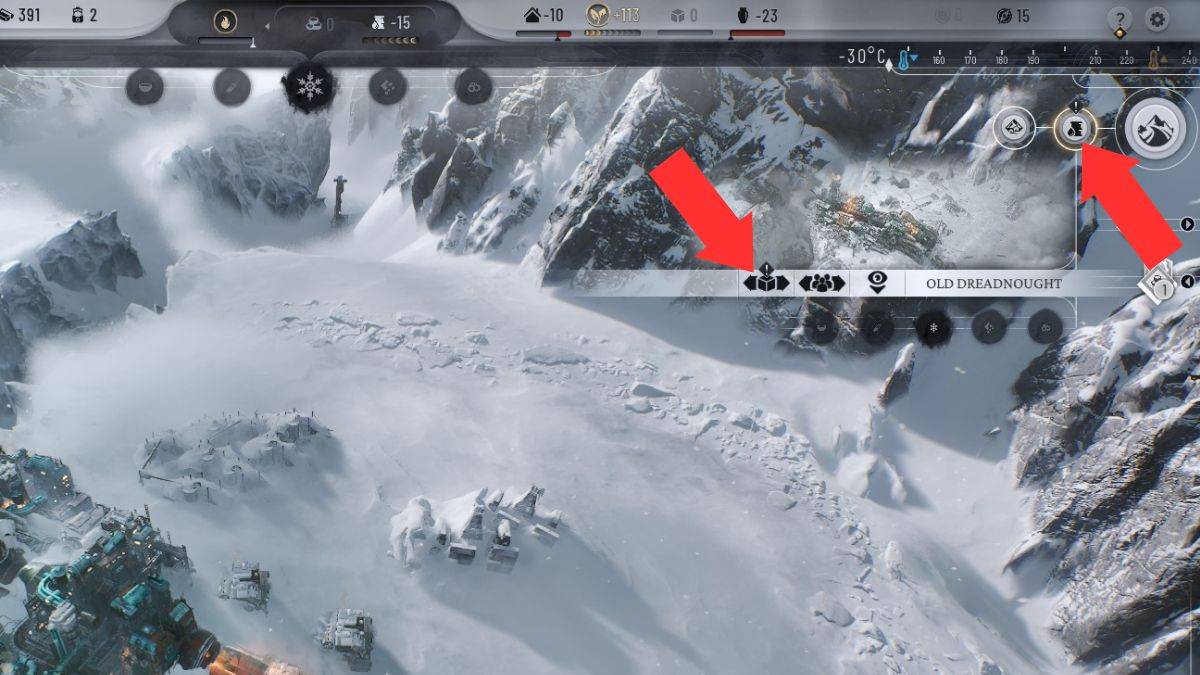 Flechas que muestran los pasos para llegar a la pantalla de transferencia de recursos para completar el capítulo 1 en Frostpunk 2.