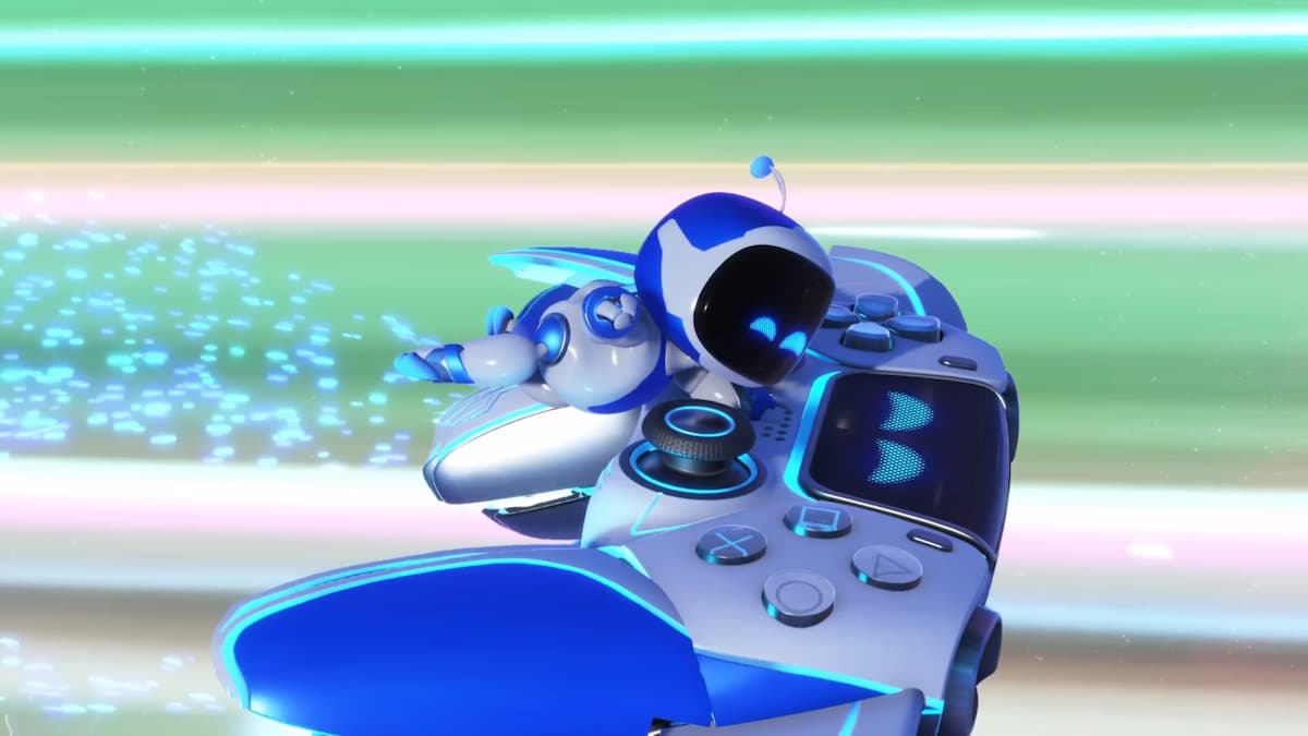 Astro Bot joyfully glides across a giant DualSense controller, surrounded by a vibrant, glowing trail of blue and green light streaks.