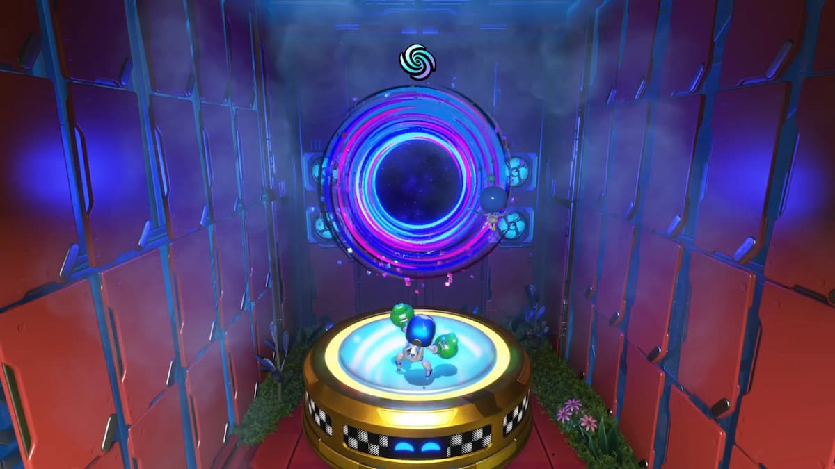 Astro Bot stands on a glowing platform before a large, swirling blue and purple portal that leads to the Lost Galaxy.
