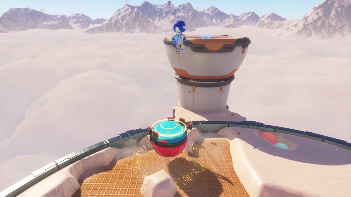 Astro Bot leaping toward a platform using a rotating red and blue ladybug, surrounded by cloud-like mountains.