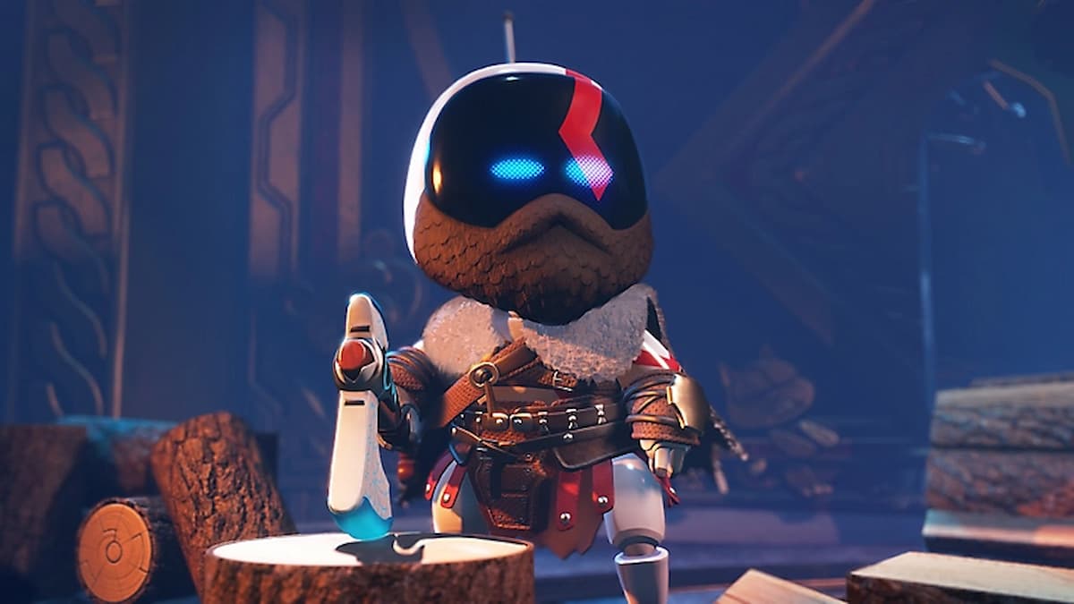 Astro Bot dressed in Kratos' armor, standing confidently with an axe, highlighting a heroic and adventurous aspect of the game with medieval influences.