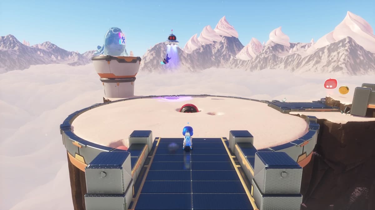 Astro Bot standing on a circular platform with a flying saucer abducting a fellow bot in the background.