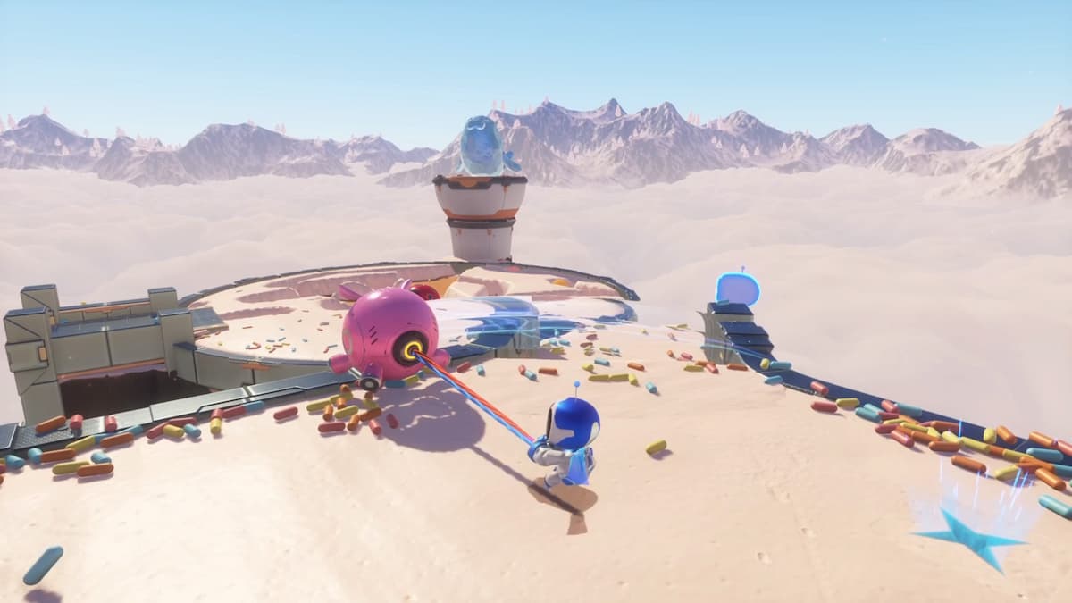 Astro Bot pulling on the tail of the pink Piggy Bot, aiming to break the ice sculpture and reveal the hidden entrance.