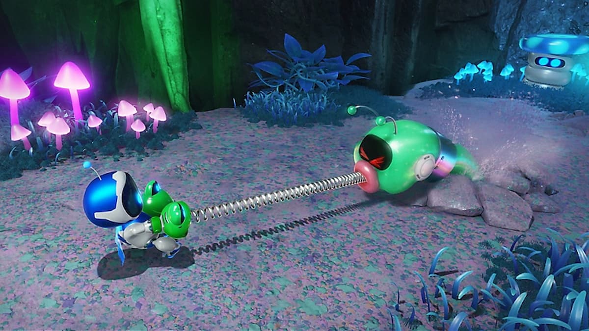 Astro Bot engaged in a battle with a spring-loaded green alien creature in a glowing, magical forest filled with vibrant neon mushrooms, showcasing the game’s playful and colorful enemy encounters.