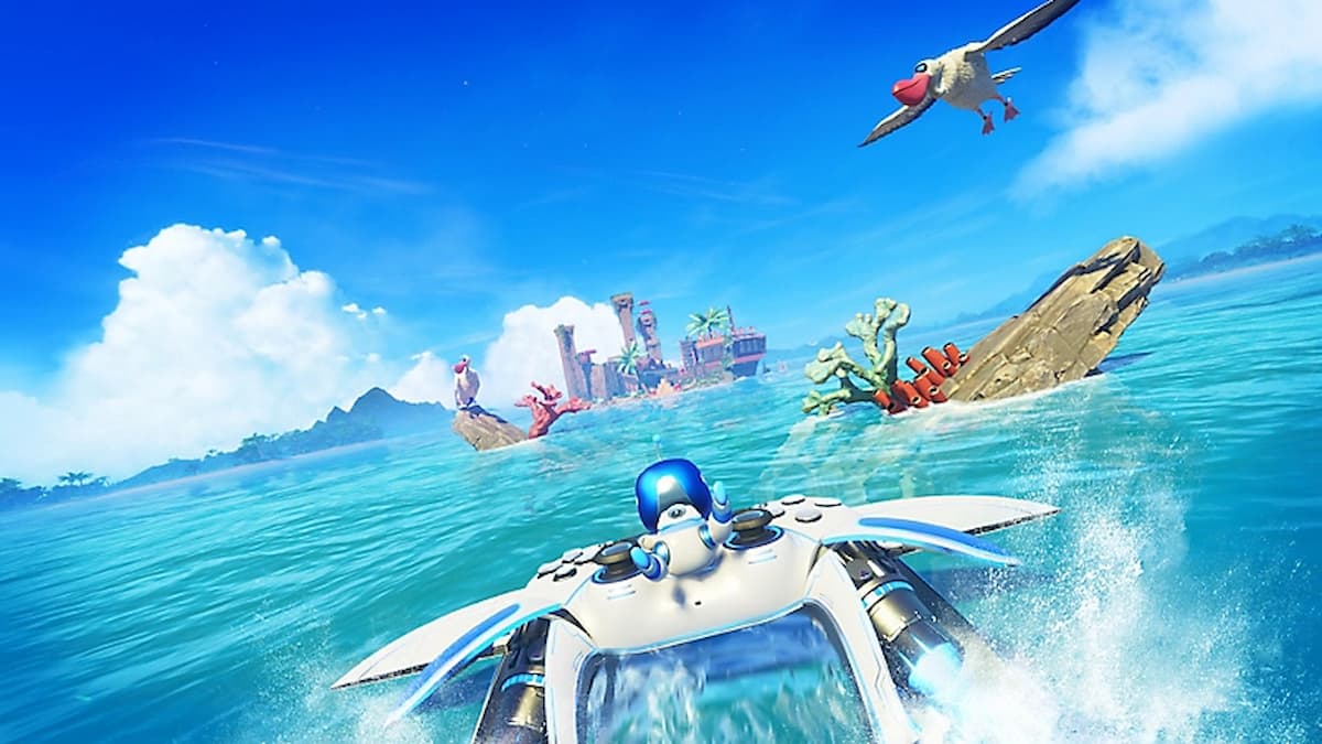 Astro Bot riding a futuristic watercraft across a vibrant ocean landscape, with birds and distant islands in the background, showcasing the adventurous and playful nature of the game.