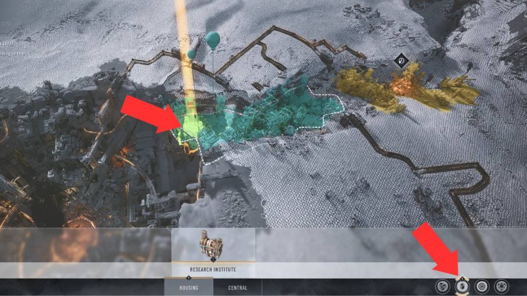 El jugador construye un Instituto de Investigación después de expandir un Distrito de Vivienda durante el Capítulo 1 en Frostpunk 2.