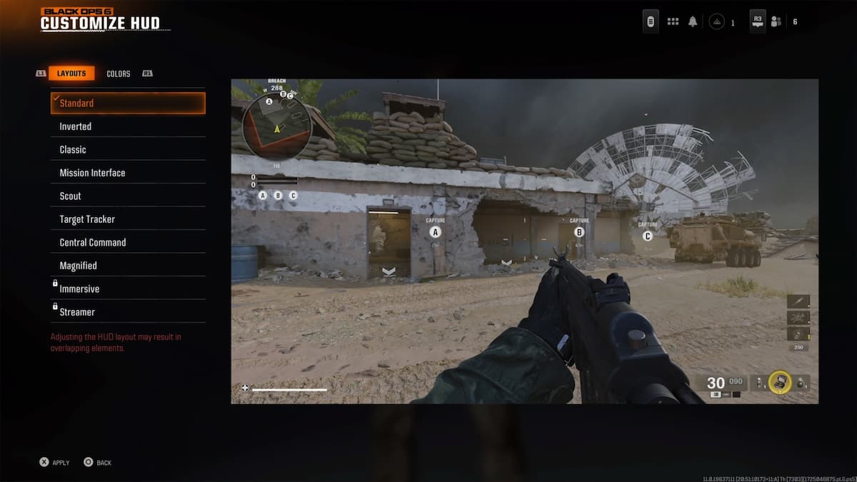 Call of Duty: Black Ops 6 HUD customization screen showing various layout options including Standard, Inverted, Classic, and more. The screen highlights a gameplay view with capture points labeled A, B, and C, demonstrating the ability to adjust how in-game information is displayed for players.
