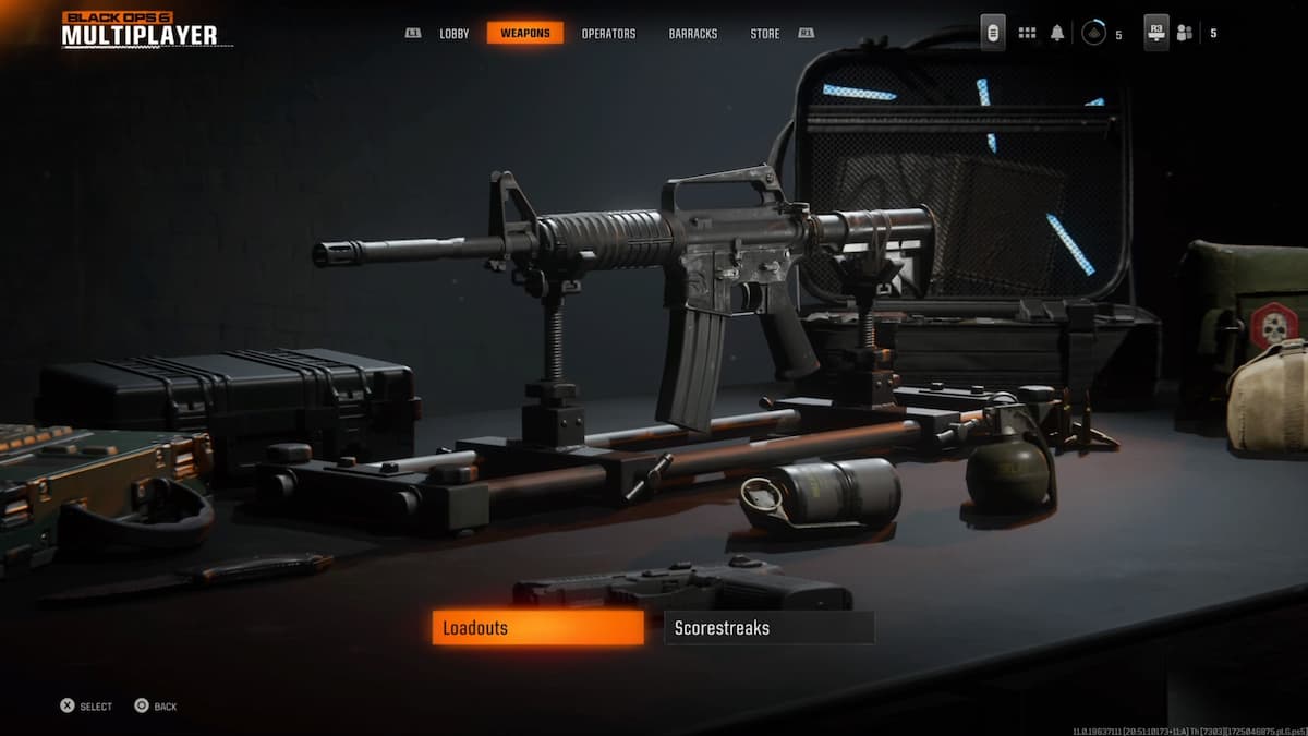 Call of Duty: Black Ops 6 multiplayer loadout screen featuring an M16 rifle on display. The screen shows the customization and selection of weapons and equipment for players to modify their gear before entering a match, reflecting the tactical preparation aspect of the game.