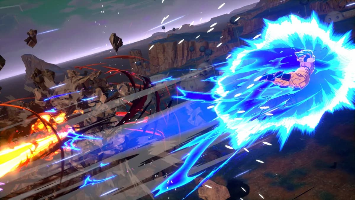 Two characters from Dragon Ball engaging in a high-intensity energy clash, with vibrant blue and orange energy beams colliding in mid-air, surrounded by rocky terrain.