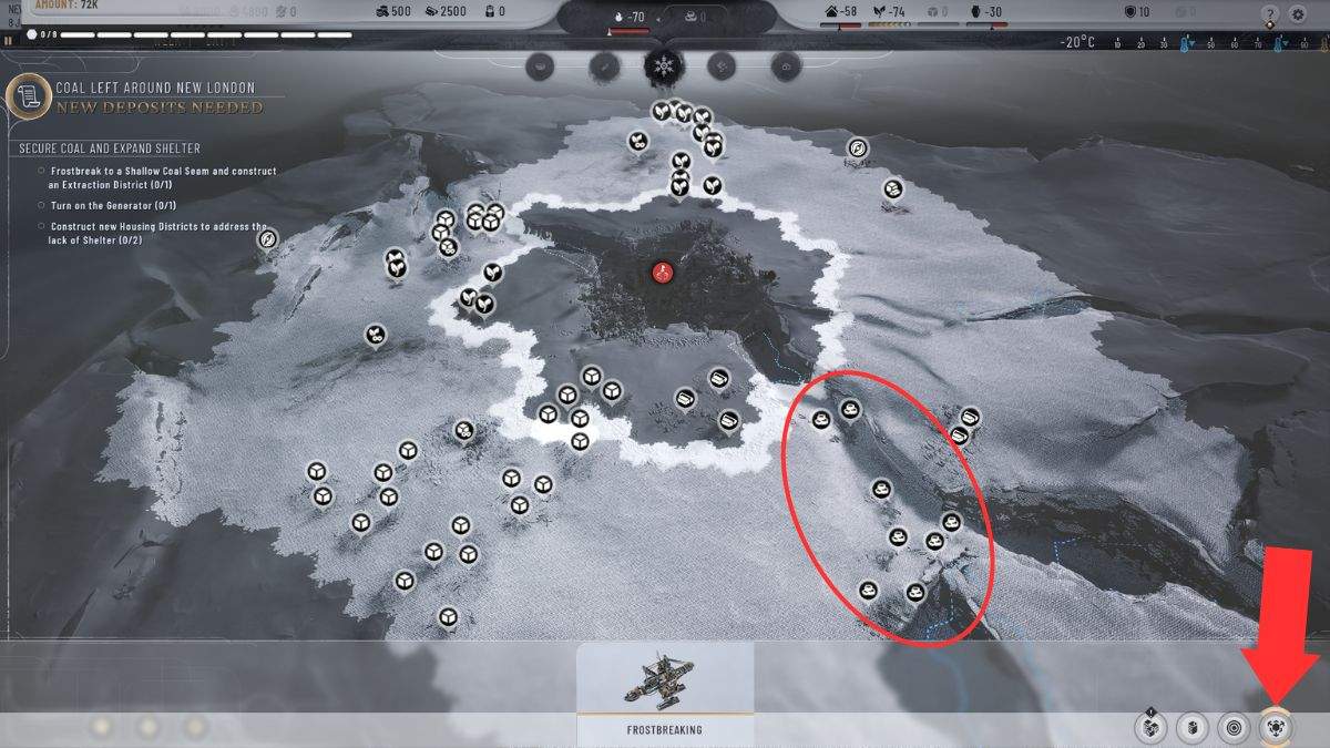 Una descripción general del mapa con todos los recursos visibles durante el Capítulo 1 en Frostpunk 2.