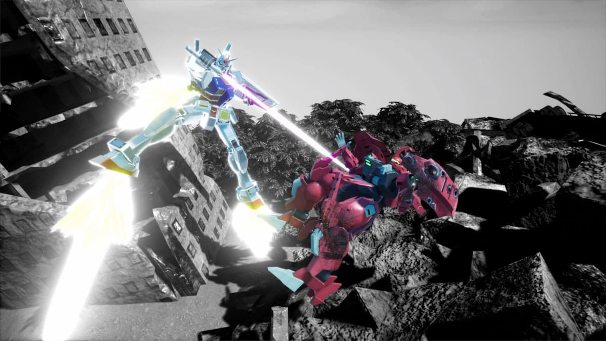 A dramatic scene from Gundam Breaker 4 showcasing an intense battle between two Gunpla models in an urban ruins setting. The blue and white Gunpla strikes with a beam saber while hovering mid-air, facing off against a red and blue Gunpla that appears to be recoiling from the impact. The background features collapsed buildings and debris, adding to the battle’s chaotic atmosphere. This image highlights the dynamic diorama capabilities in the game.