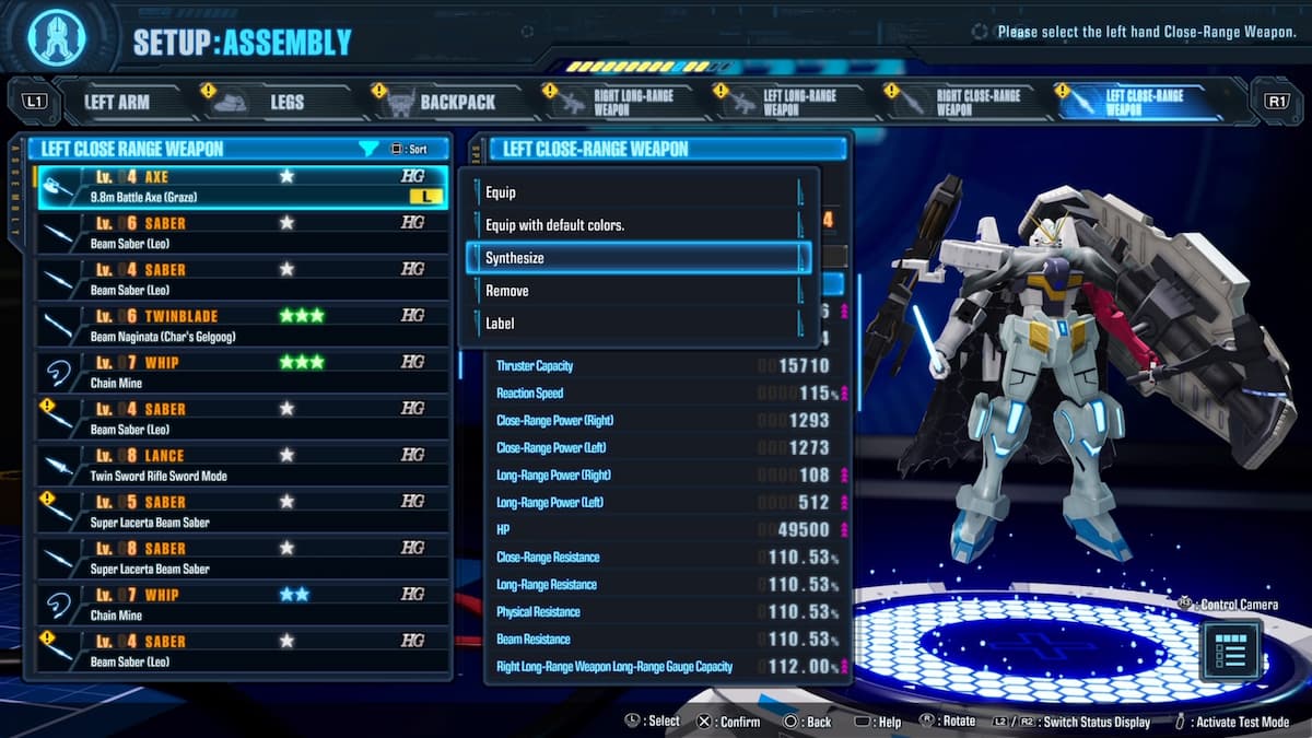Gundam Breaker 4 Assembly menu displaying close-range weapon customization options for the left arm. The screen shows different weapons such as axes, sabers, twin blades, and whips, highlighting the synthesize option for upgrading parts to enhance performance.