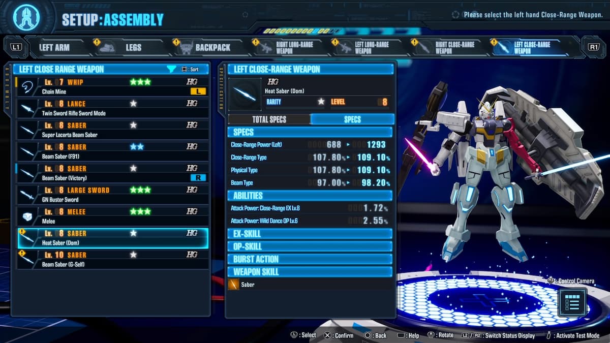 The Assembly setup screen from Gundam Breaker 4, highlighting the weapon customization options with a detailed breakdown of specs for the left close-range weapon and the player's Gundam suit on display.