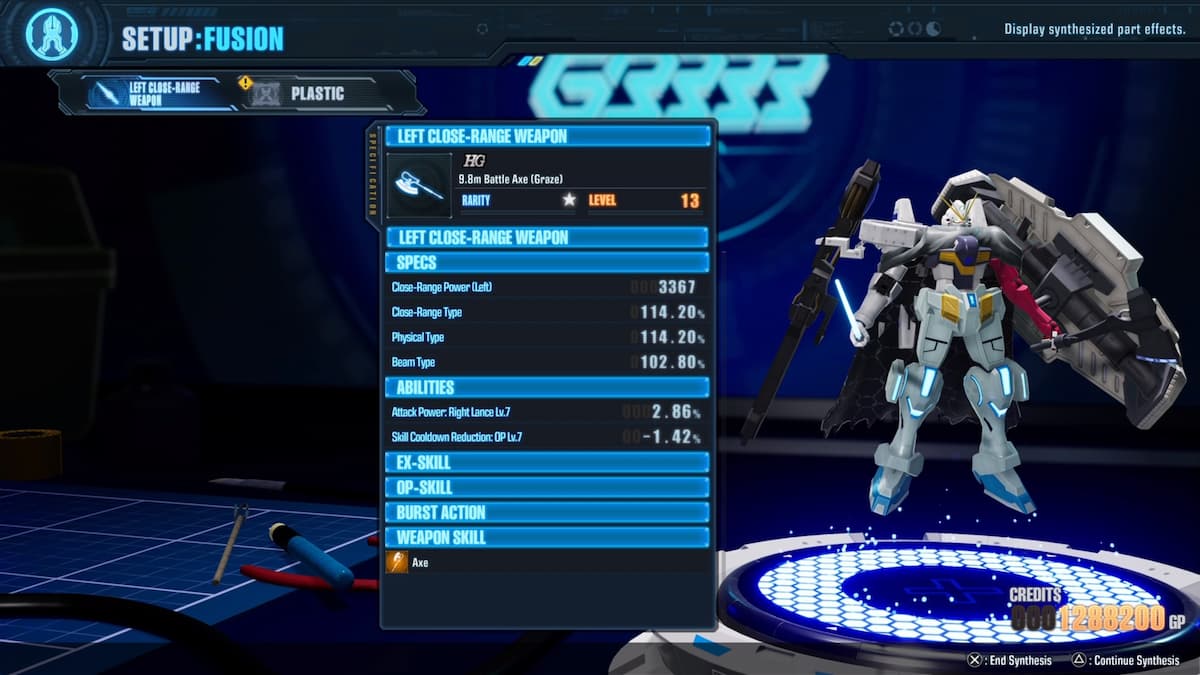 Final synthesis screen in Gundam Breaker 4 showing the enhanced stats of a left close-range weapon after synthesis. The screen details improvements in attack power, weapon abilities, and overall performance, indicating successful part upgrades.