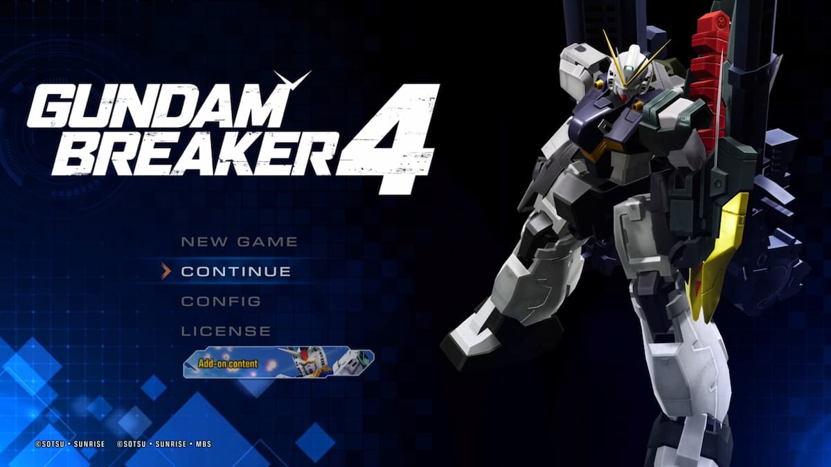 Gundam Breaker 4 main menu screen featuring the title logo and options such as New Game, Continue, and Config.