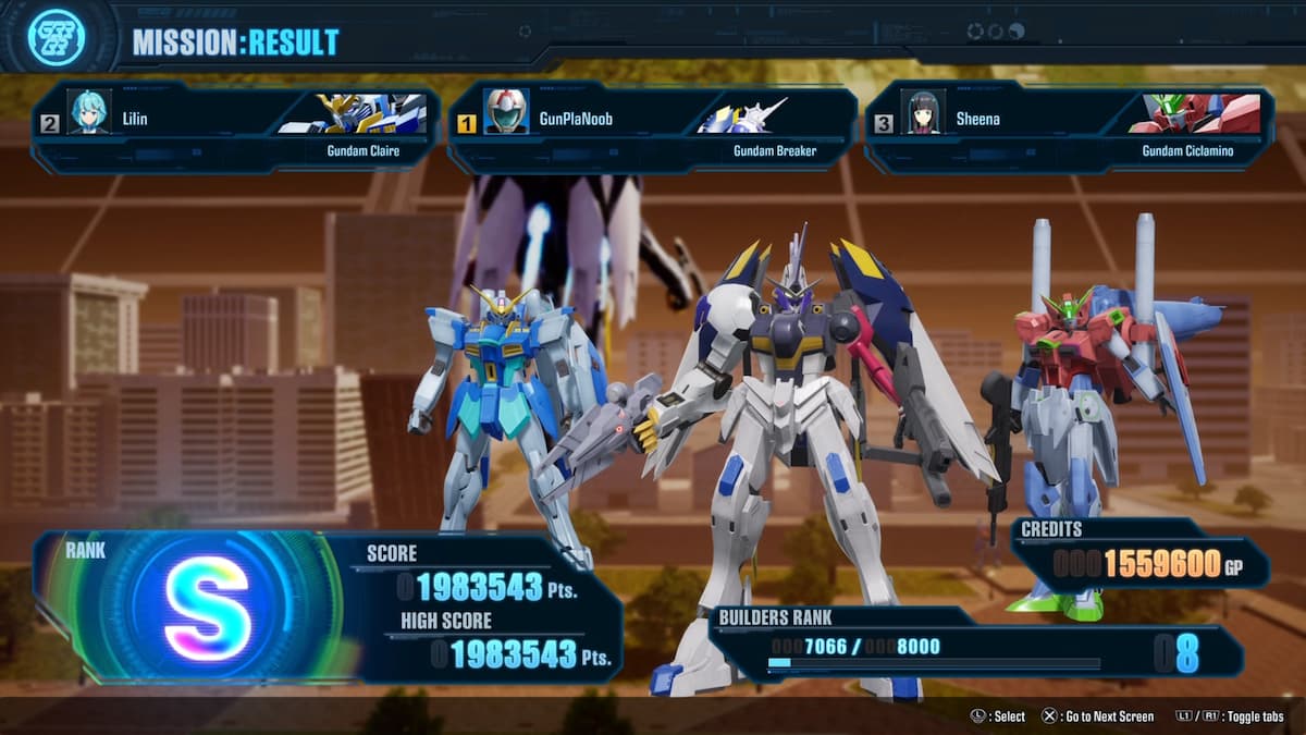 A screenshot from Gundam Breaker 4 showing the mission result screen with three customized Gundam suits standing side by side, displaying player ranks and scores after a completed mission.