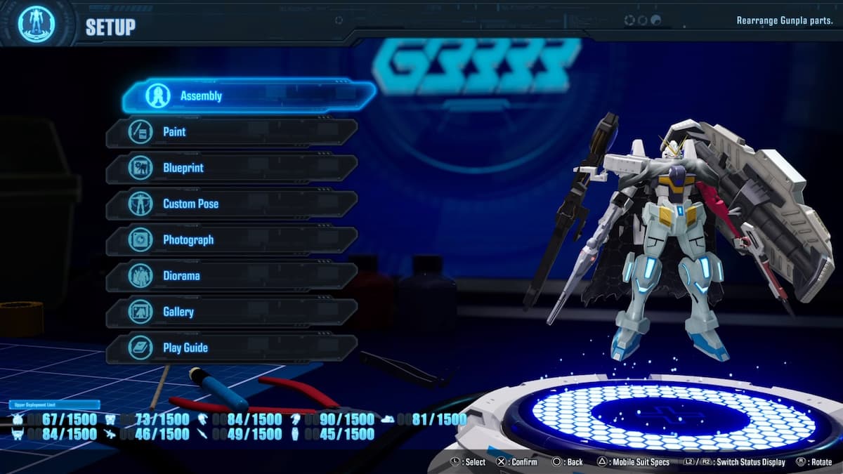 Gundam Breaker 4 setup menu showing various customization options like Assembly, Paint, Blueprint, and Diorama. A Gunpla model is displayed on a rotating platform, ready for customization and modification in the Assembly menu.
