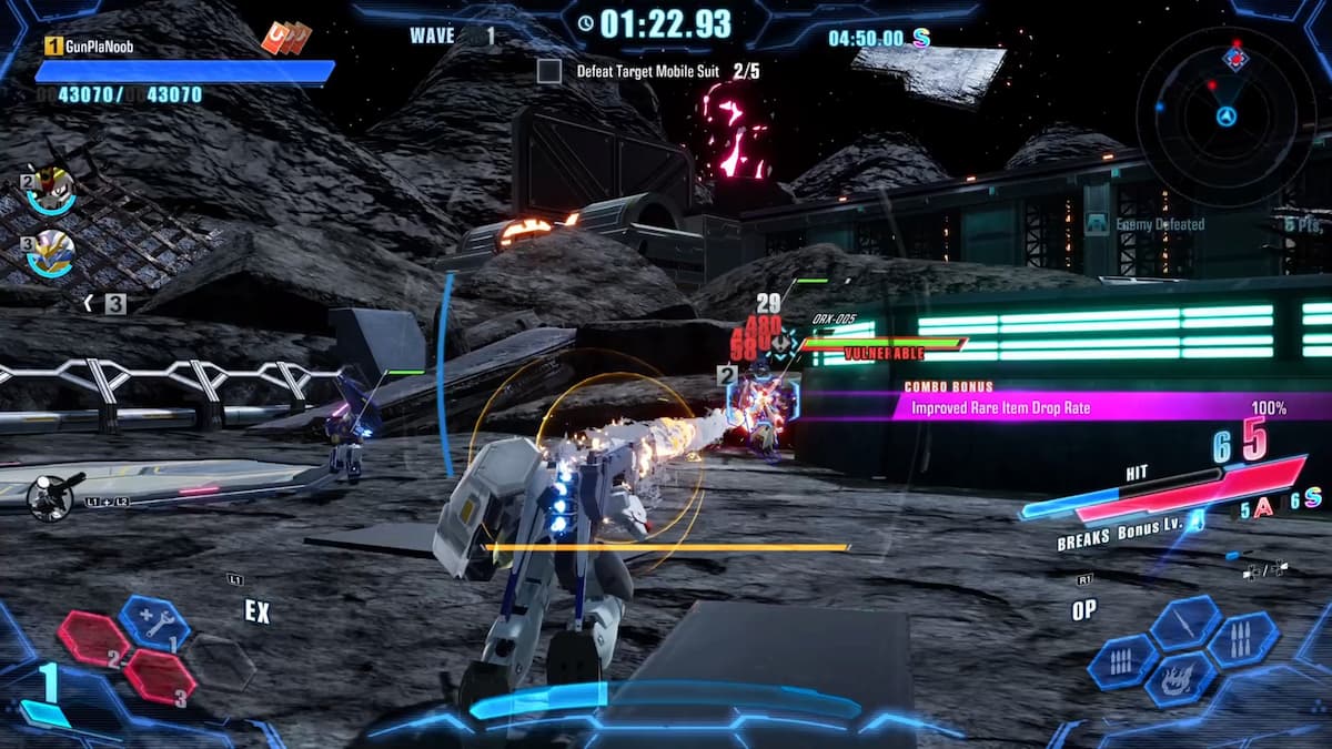 Action-packed space combat in Gundam Breaker 4, showcasing a Gundam suit firing a beam weapon at an enemy target amidst a futuristic space setting with HUD elements visible.