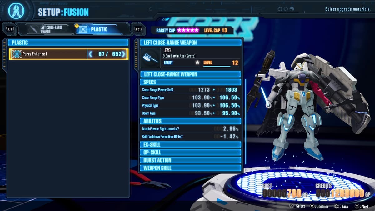 The Fusion setup in Gundam Breaker 4 showing the upgrade process for a left close-range weapon. The screen displays detailed specs of the weapon, including close-range power, physical type, and beam type, along with the parts required for enhancement.