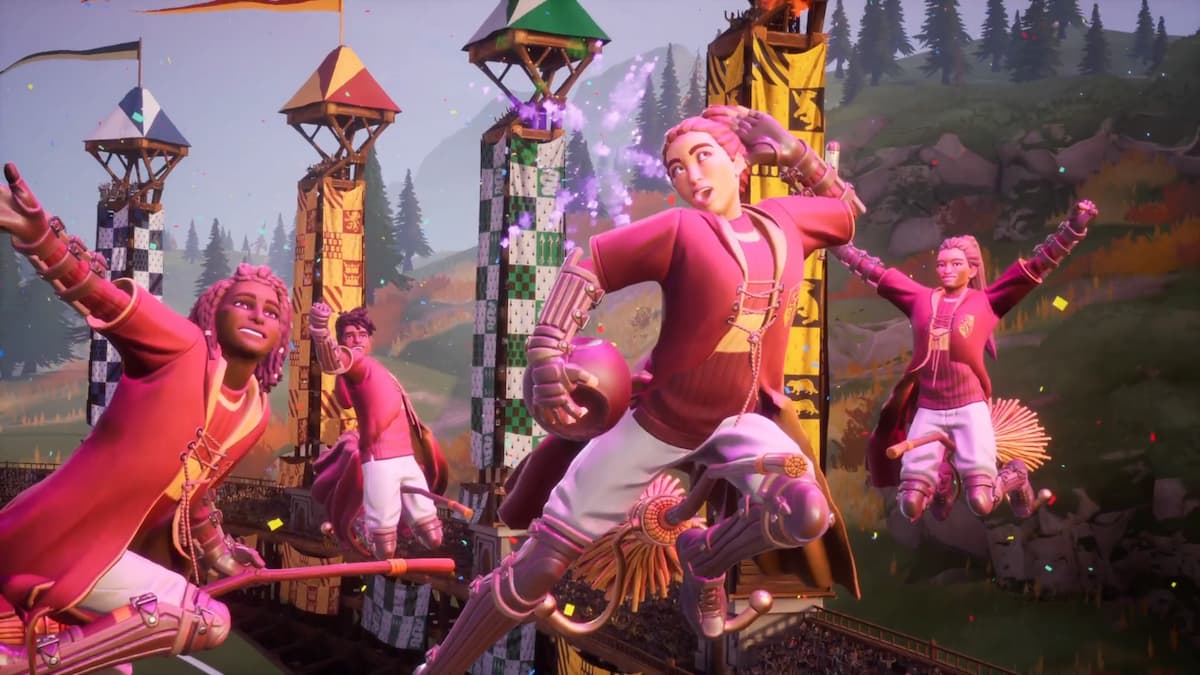 Gryffindor Quidditch players celebrating on their broomsticks after a victorious match in Harry Potter: Quidditch Champions.
