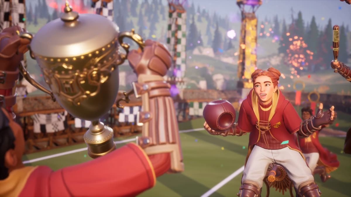 Gryffindor secures victory in the Hogwarts House Quidditch Cup, defeating Slytherin and Ravenclaw in Harry Potter: Quidditch Champions.