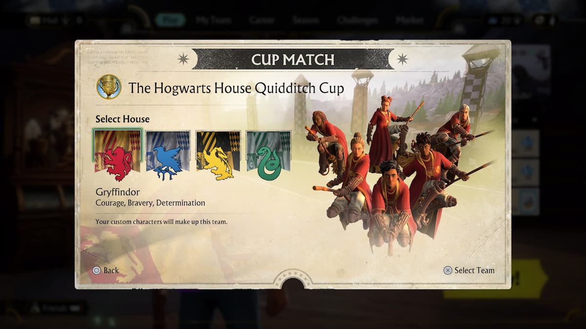 Image of the Harry Potter: Quidditch Champions game screen displaying the selection of Hogwarts Houses for the Quidditch Cup, featuring Gryffindor, Ravenclaw, Hufflepuff, and Slytherin.