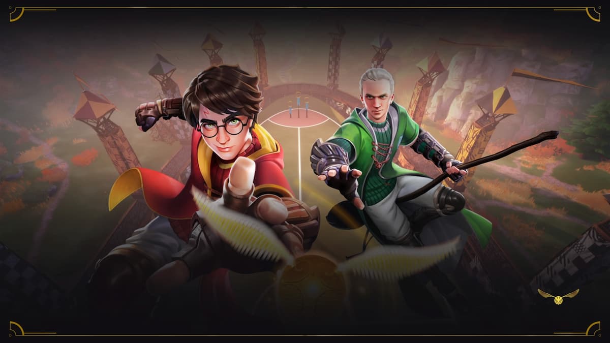 Harry Potter and Draco Malfoy compete fiercely on their broomsticks in a Quidditch match as they reach for the Golden Snitch in Harry Potter: Quidditch Champions.