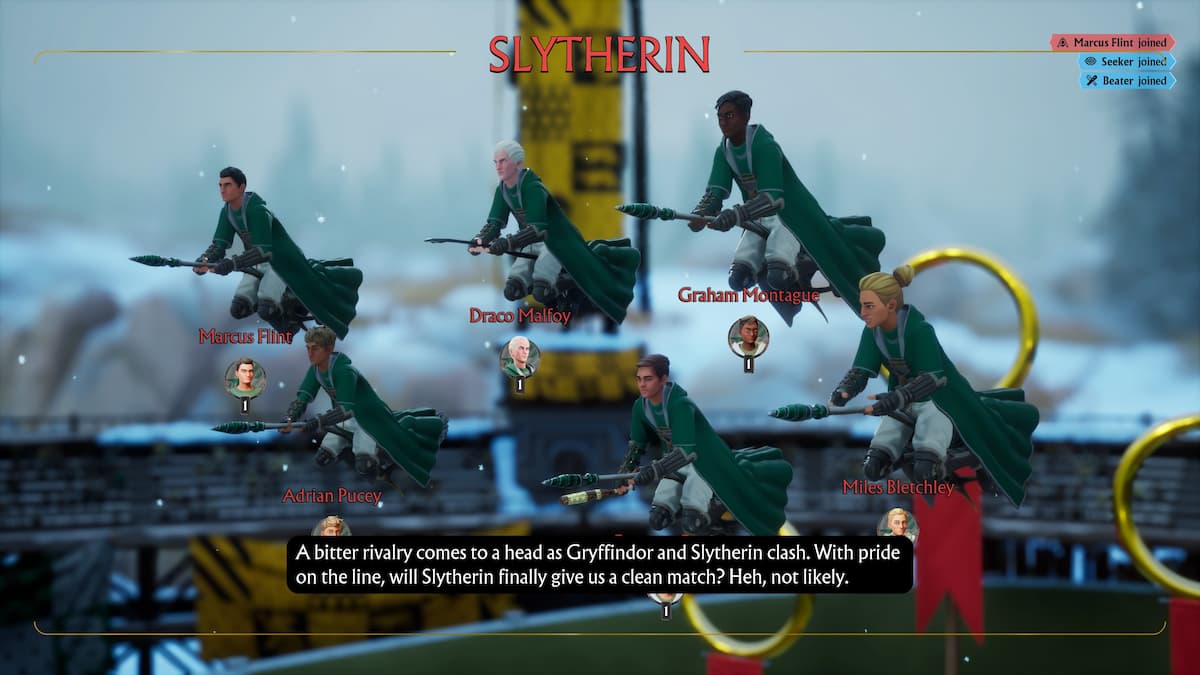 Harry Potter Quidditch Champions showing the Slytherin Quidditch team lineup with players Marcus Flint, Draco Malfoy, Graham Montague, Adrian Pucey, and Miles Bletchley, ready for a match against Gryffindor.