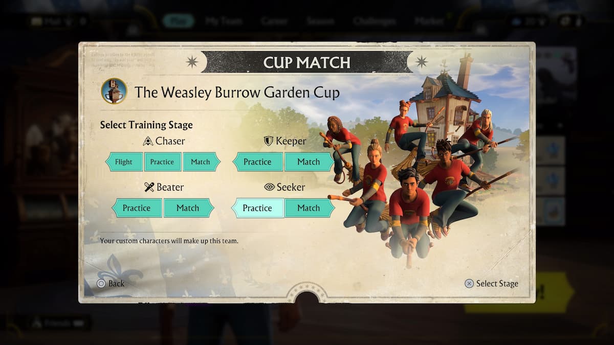 Harry Potter Quidditch Champions game screen showing the Weasley Burrow Garden Cup training stages for Chaser, Beater, Keeper, and Seeker roles.