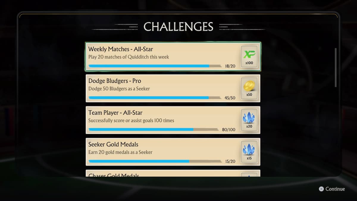 Harry Potter Quidditch Champions game challenges screen with various tasks like Weekly Matches, Dodge Bludgers, and Seeker Gold Medals progress.