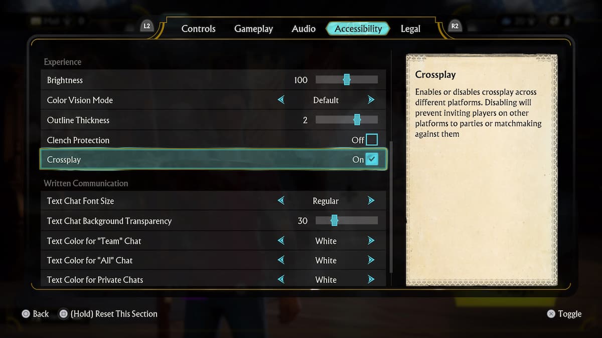 Screenshot of the Harry Potter: Quidditch Champions settings menu showing the crossplay option enabled, allowing players to connect and play across different gaming platforms.