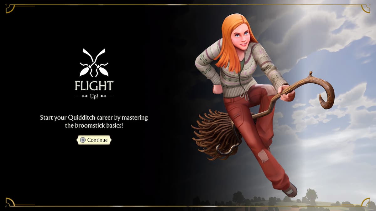Harry Potter Quidditch Champions flight training screen featuring a character on a broomstick, learning the basics of Quidditch.