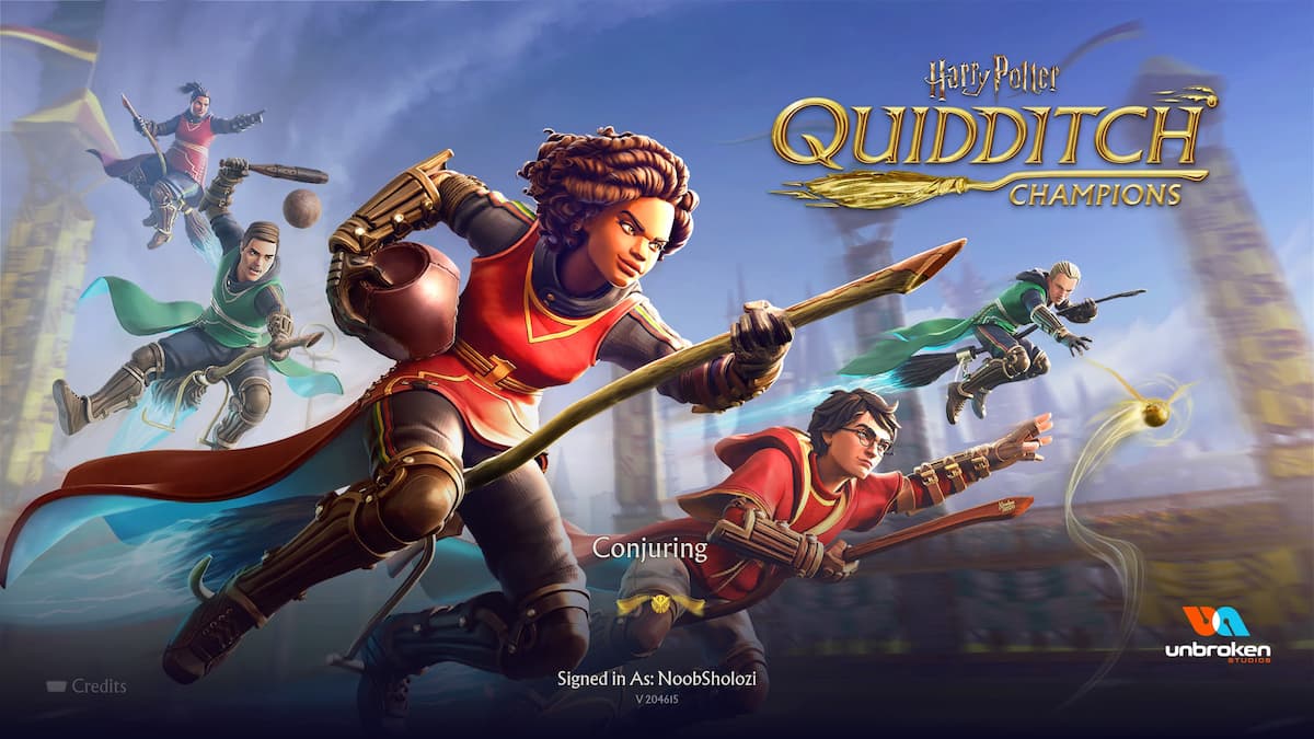 Main title screen of Harry Potter: Quidditch Champions, showing players in action as Quidditch players from Gryffindor and Slytherin houses ready to engage in high-flying gameplay.