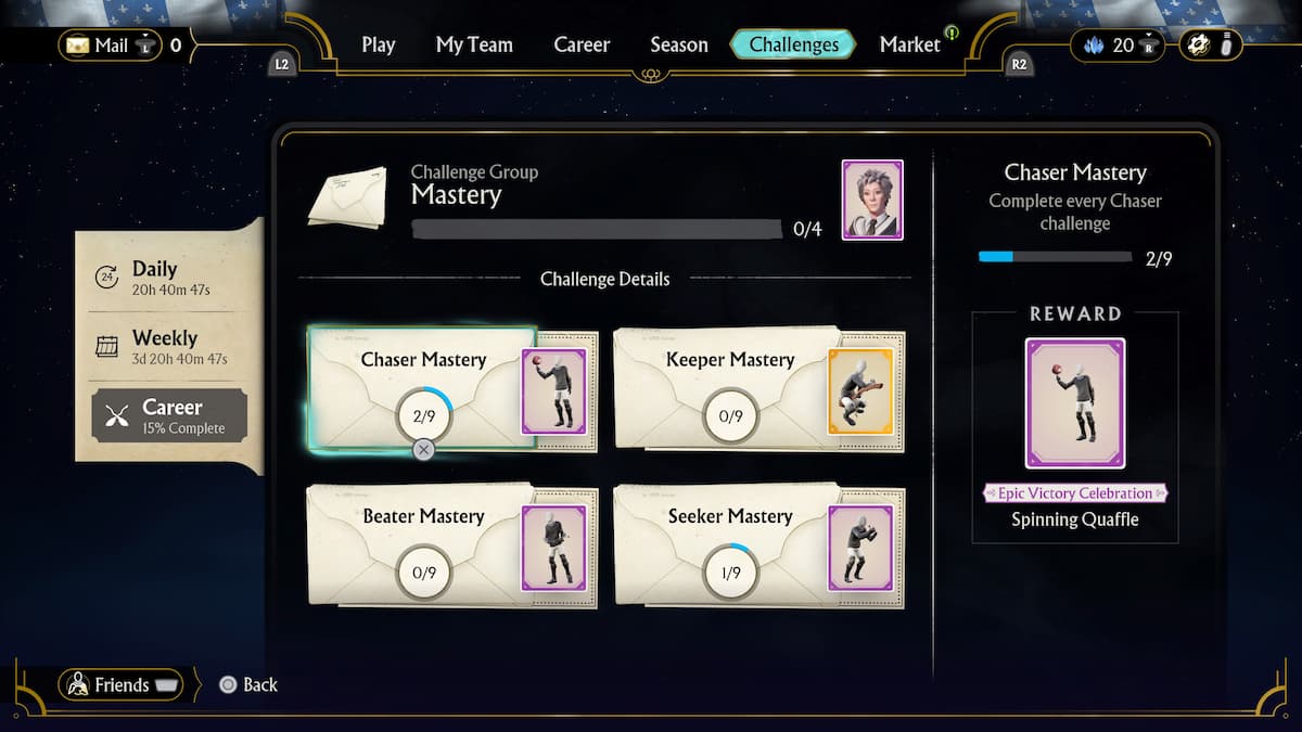Harry Potter Quidditch Champions screen displaying mastery challenges for Chaser, Beater, Keeper, and Seeker roles with corresponding rewards.