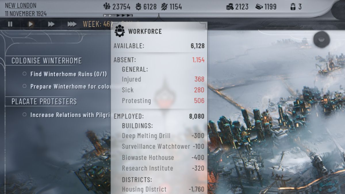 The info tab in Frostpunk 2 showing a number of ill people absent from work before the player lowers disease in the city.