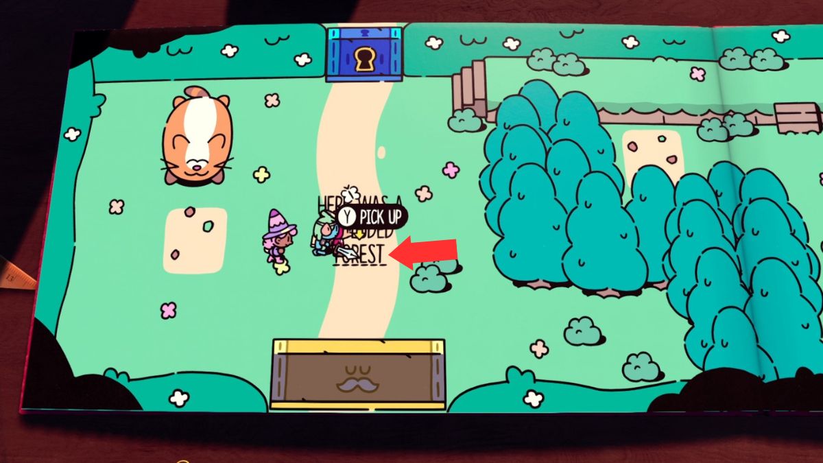 Jot toca la palabra "bosque" suelto del texto del juego.