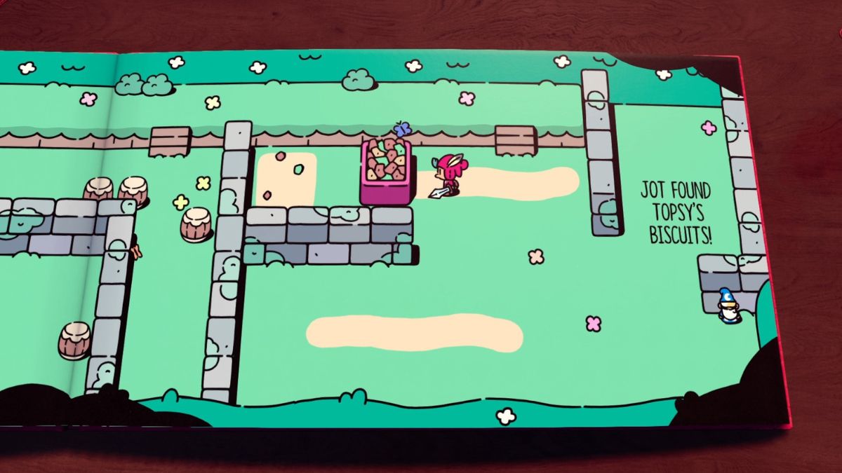 Jot moves the biscuit tray to the next location in the Topsy puzzle in The Plucky Squire.