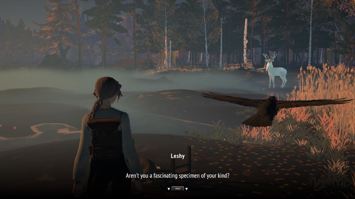 Leshy speaks to the player after the player freed a trapped hare.