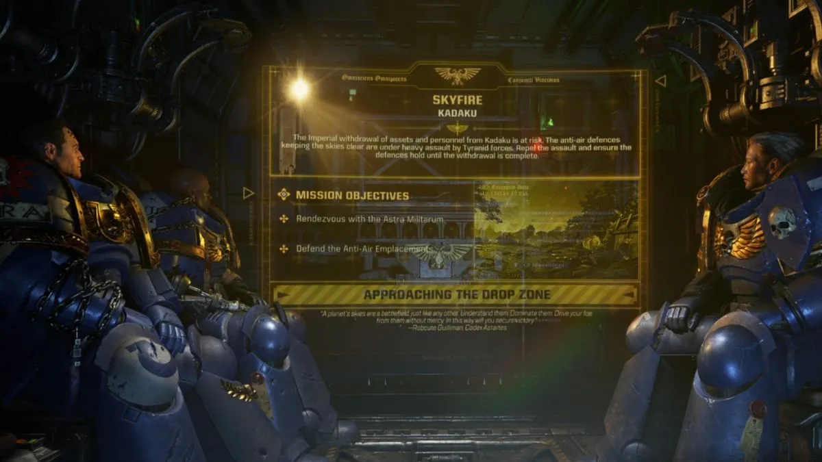 Marines sit on the briefing screen with the objectives visible before the start of the Skyfall mission and the defend the antennae objective. 