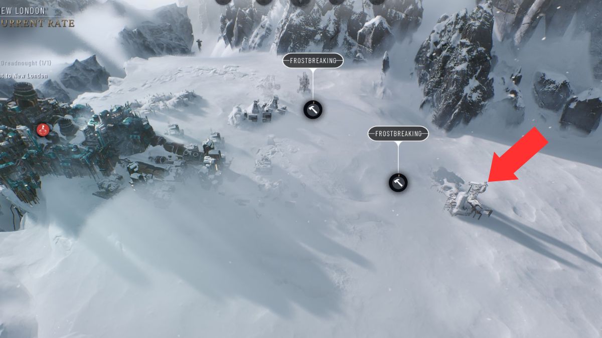Un depósito de petróleo en el Old Dreadnought resaltado con una flecha en el Capítulo 1 de Frostpunk 2.