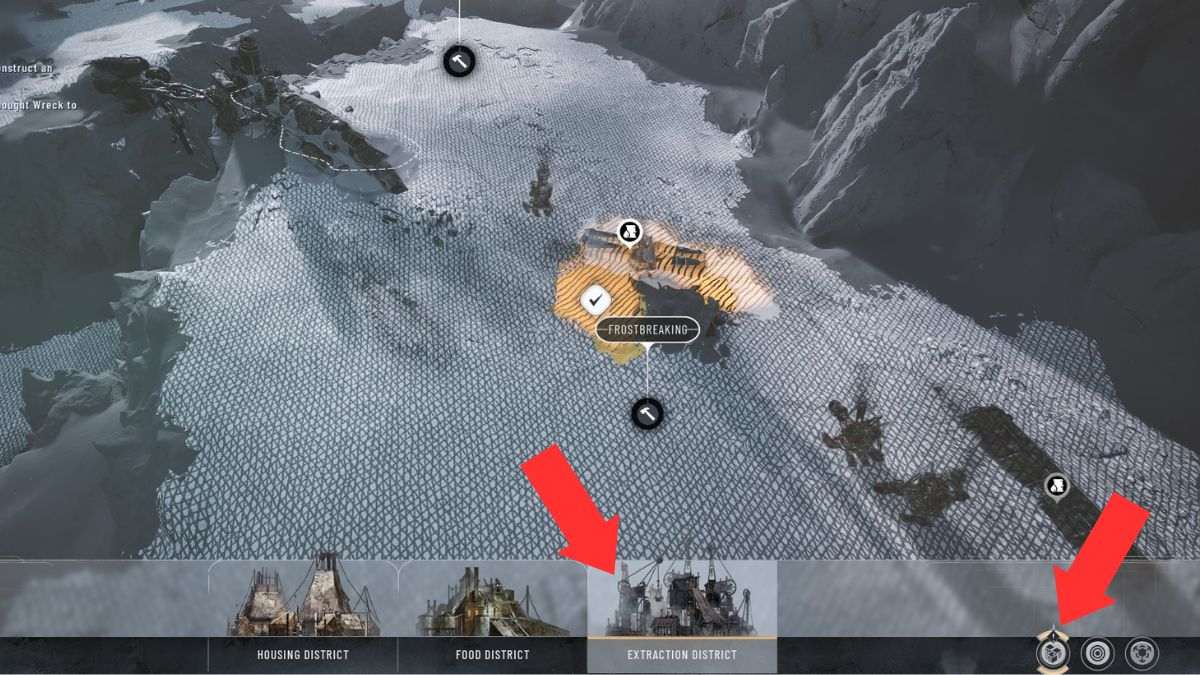 Un jugador construye el primer Distrito de Extracción en Frostpunk 2, con flechas que muestran los pasos para construir uno durante la misión Prólogo.