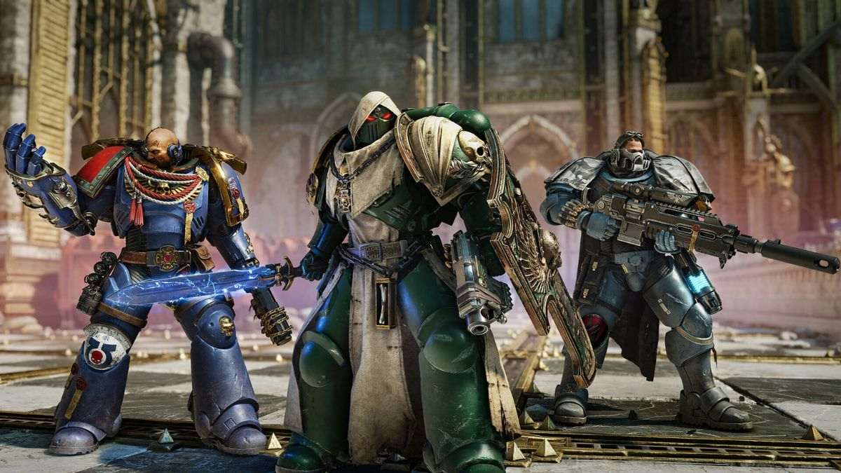 Game art from Warhammer 40k: Space Marine 2 showing space marines from the game.