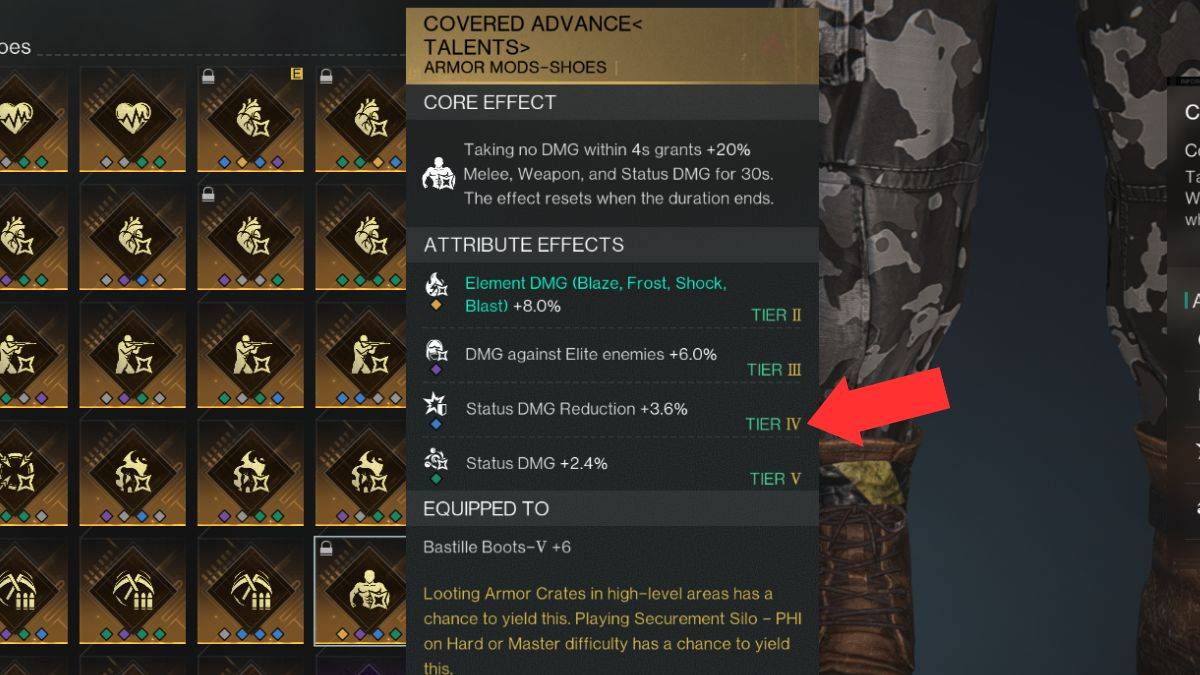 The Status DMG Reduction attribute highlighted on a piece of armor in the player inventory, for the PvP Power Surge build. 